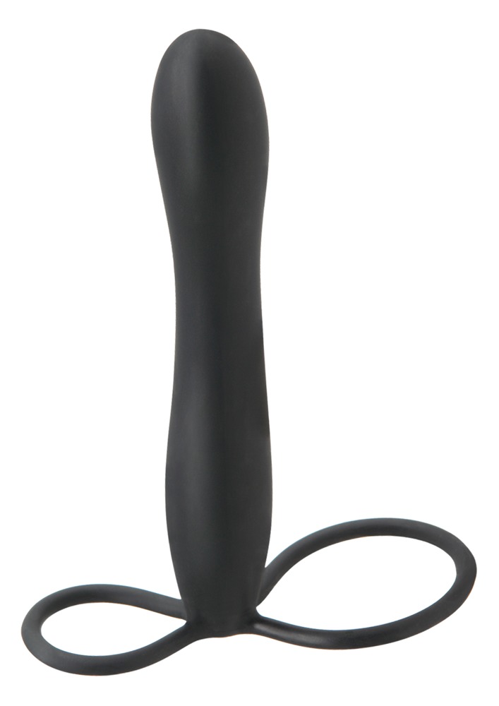 Fetish Double Trouble - krúžok na semenníky a penis s análnym dildom (čierny)