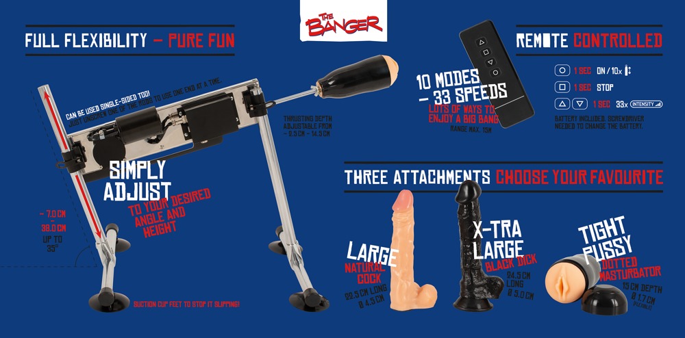 The Banger DS Fucking Machine - obojstranný sexuálny stroj s 2 vibrátormi a umelou kundičkou (strieborný)