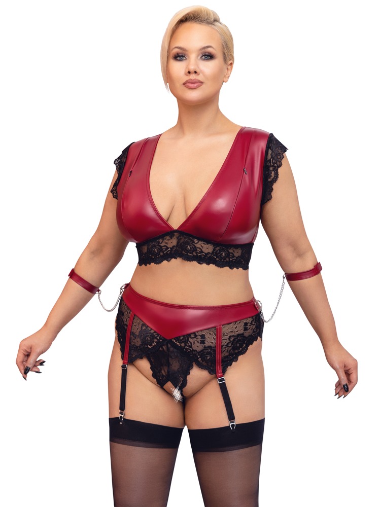 Cottelli Bondage Plus Size - čipkovaná podprsenka (červená a čierna)